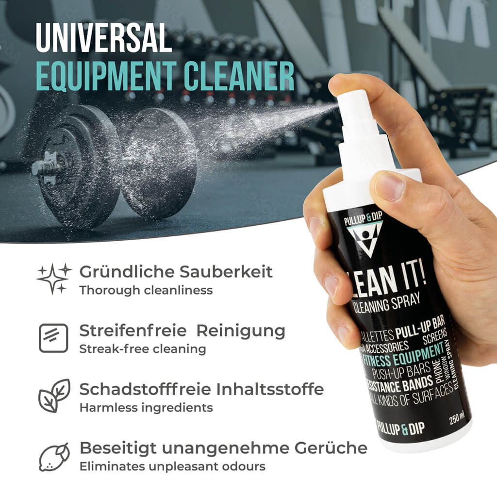 CLEAN IT! Allzweck Reiniger inkl. Mikrofasertuch, Reinigungsspray (250 ml) für dein Fitness Zubehör