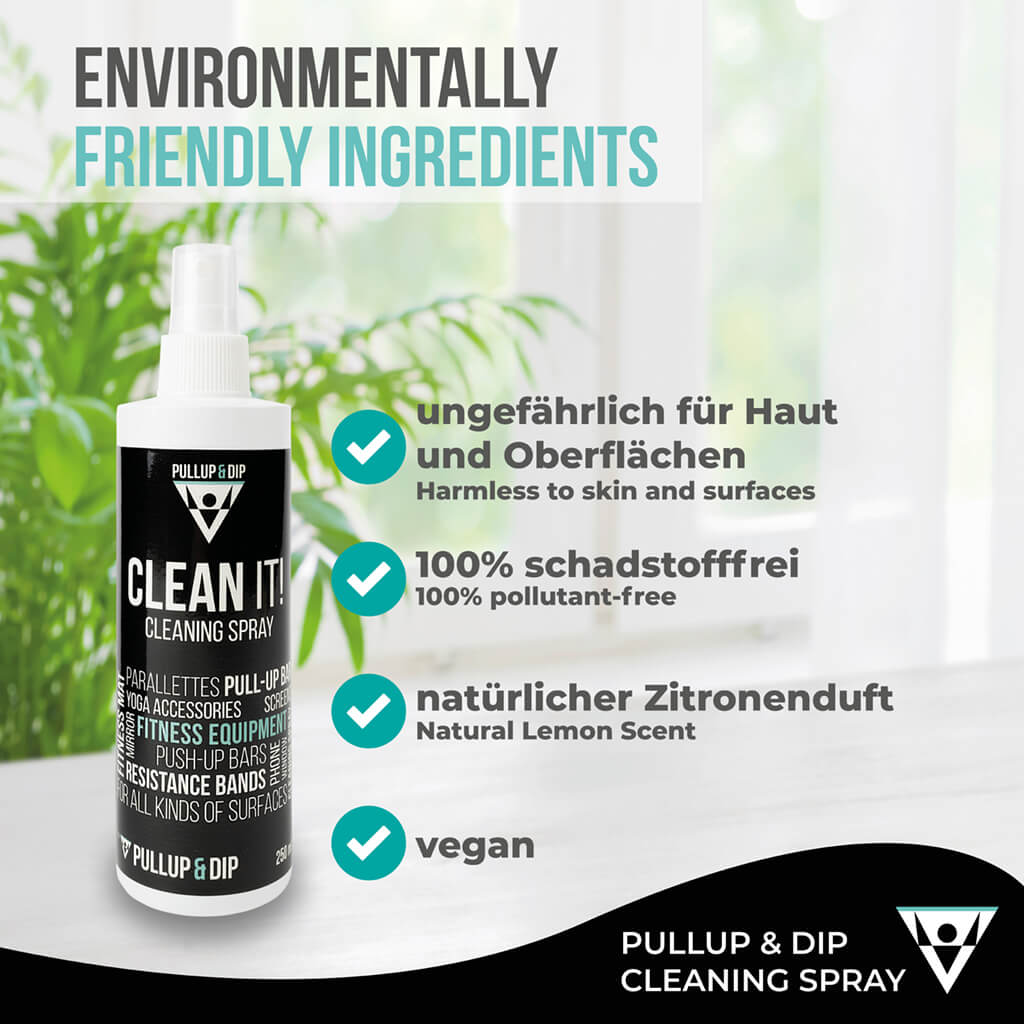 CLEAN IT! Allzweck Reiniger inkl. Mikrofasertuch, Reinigungsspray (250 ml) für dein Fitness Zubehör