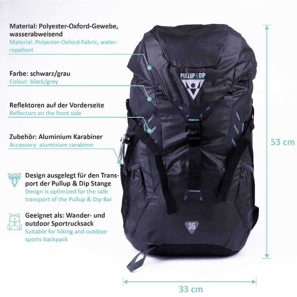 Sportrucksack 35L für Pullup & Dip Stange, anderes Zubehör und outdoor Aktivitäten