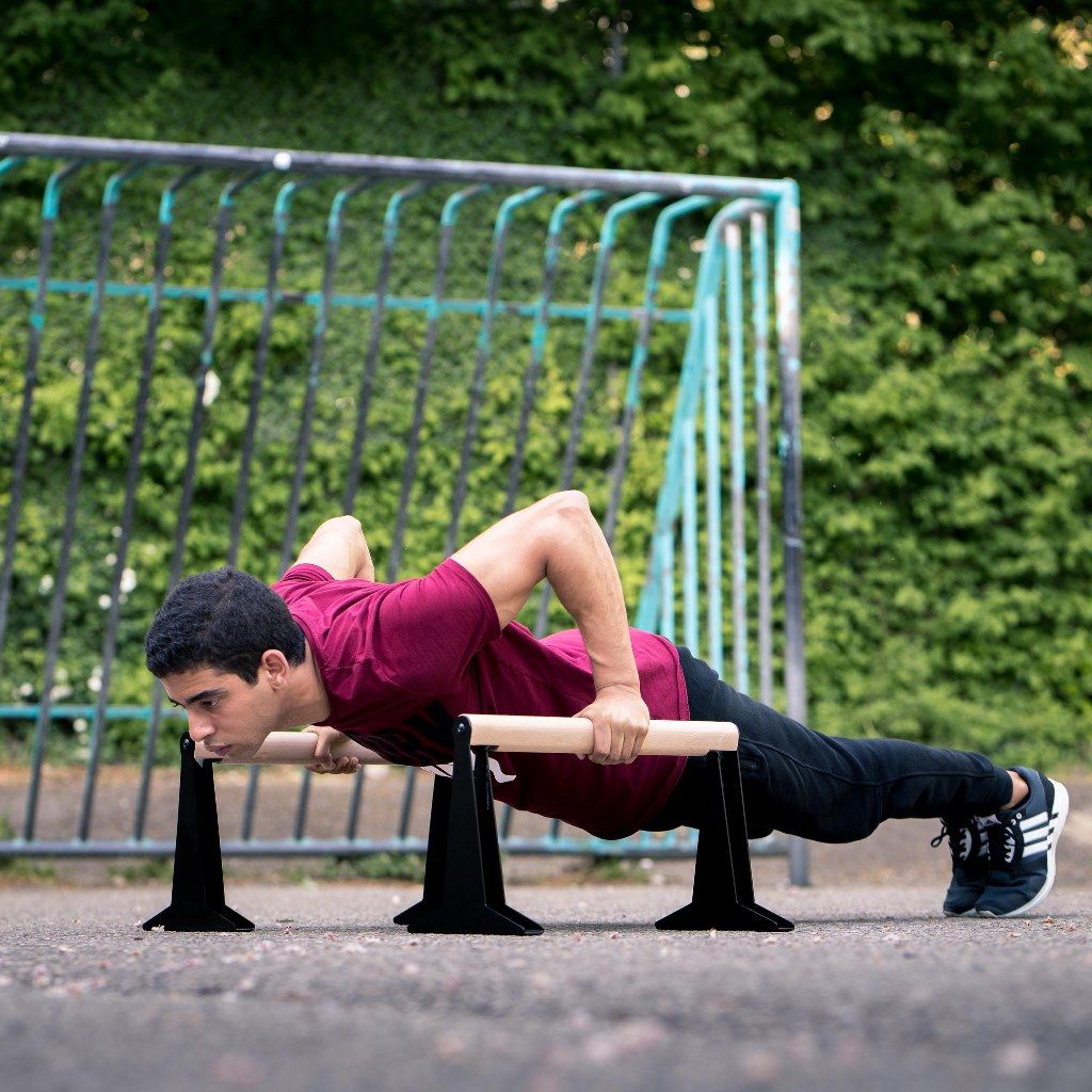 [B-Ware] Holz Parallettes mit ergonomischem Holzgriff und Blech Füßen, low oder medium Ausführung
