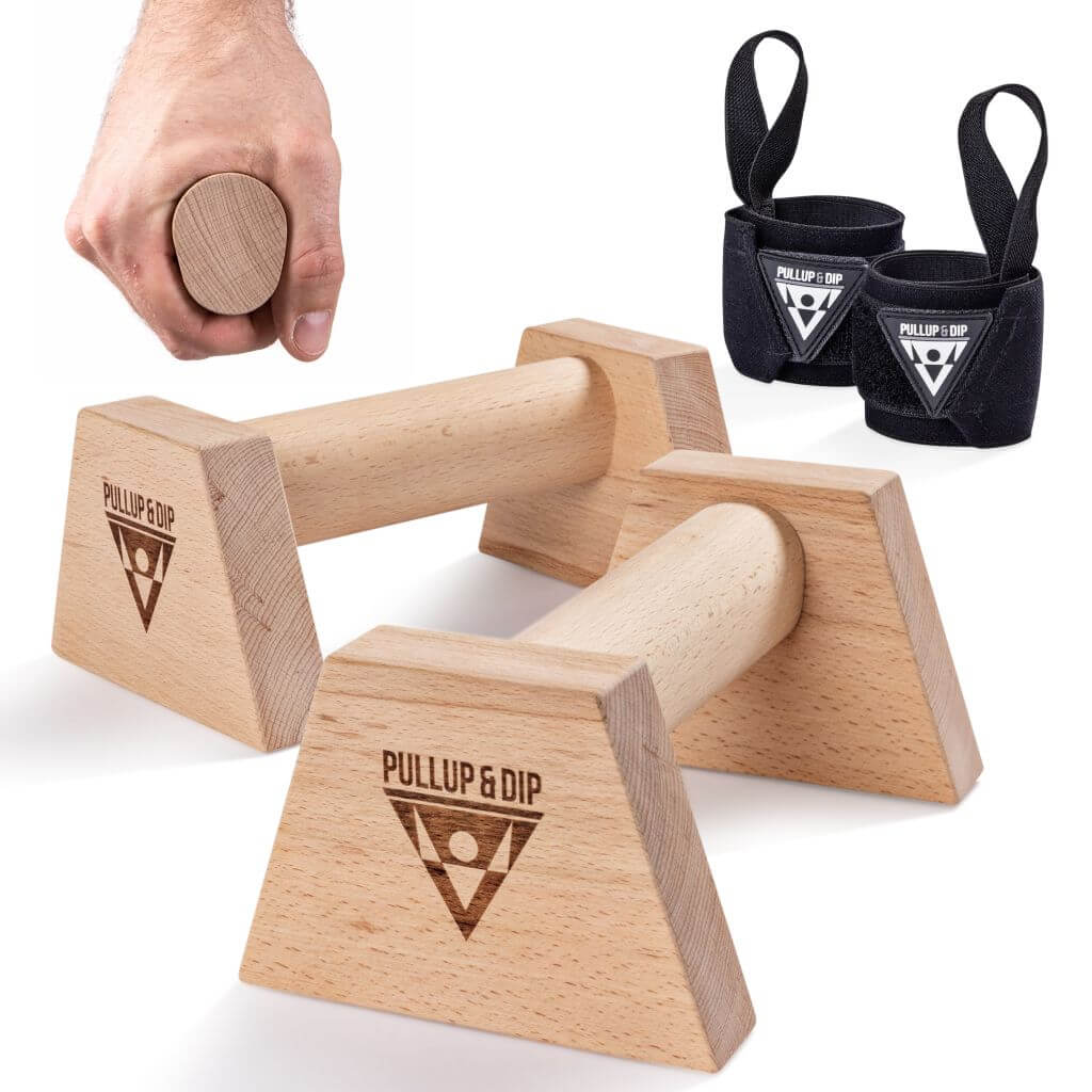 Pullup & Dip Liegestützgriffe Holz Liegestützgriffe mit ergonomischem Griff inkl. Wrist Wraps